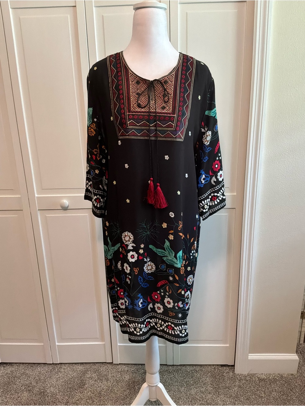 Sacred Threads Black Floral Embroidered Shift Dress with Red Tassels